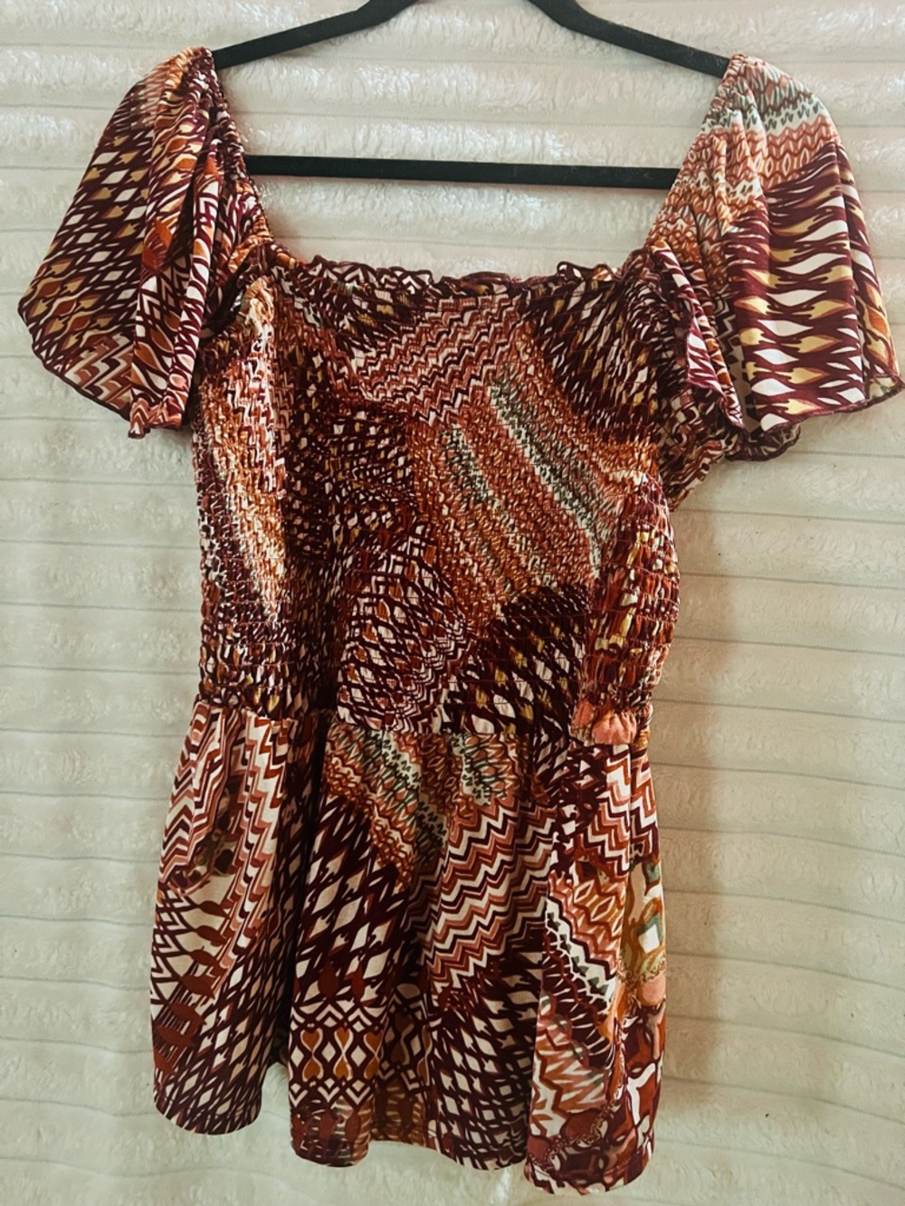 AUW Brown Multi-Print One-Shoulder Women’s Boho Top XL
